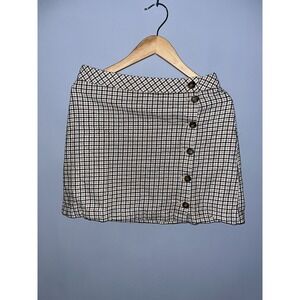 H&M Divided Plaid Mini Skirt‎ Tan Black White Button Front Faux Wrap Size 8